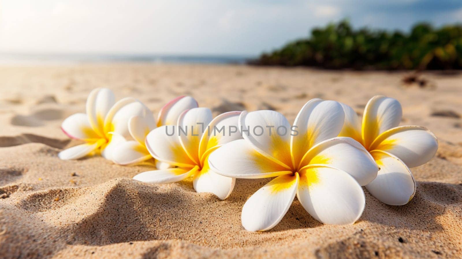 Plumeria flowers on the beach on the sand. selective focus. Generative AI, by mila1784