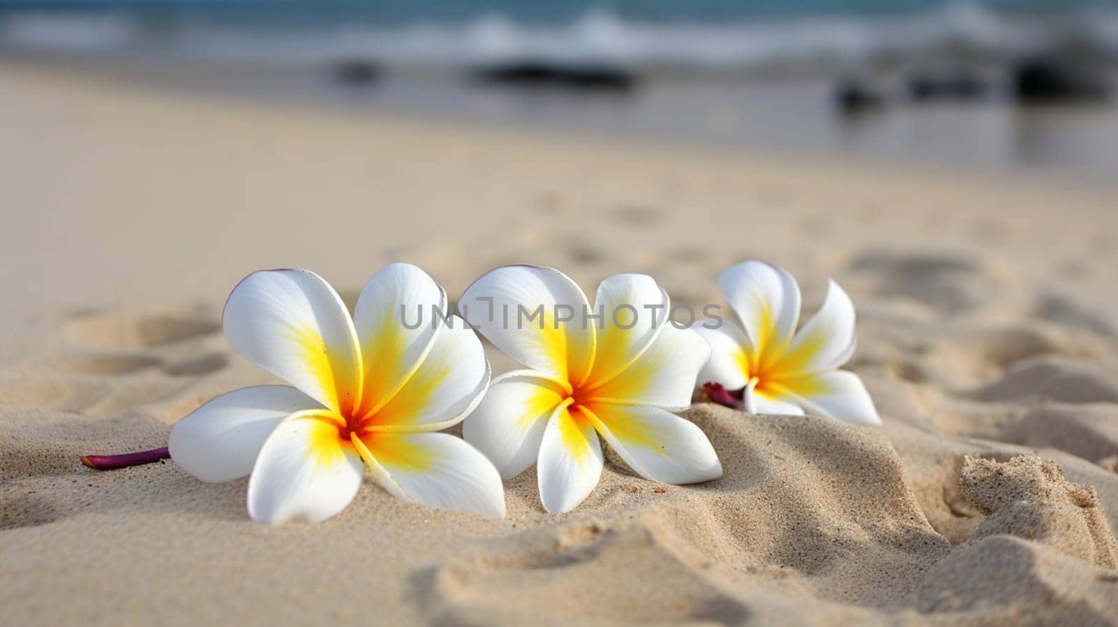 Plumeria flowers on the beach on the sand. selective focus. nature Generative AI,