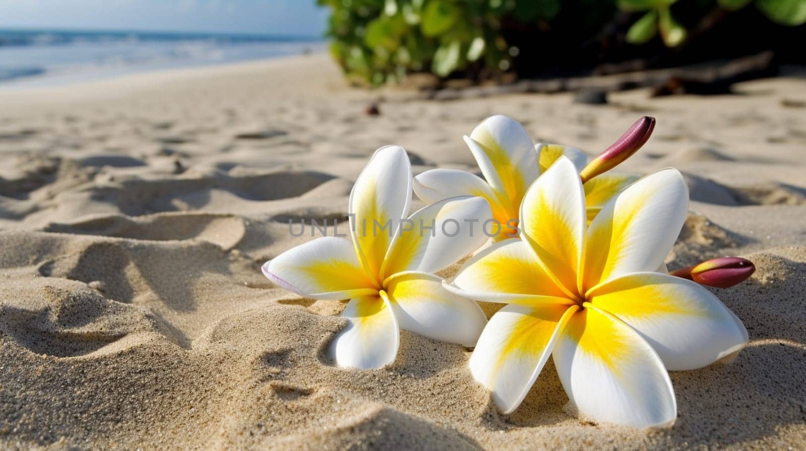 Plumeria flowers on the beach on the sand. selective focus. nature Generative AI,