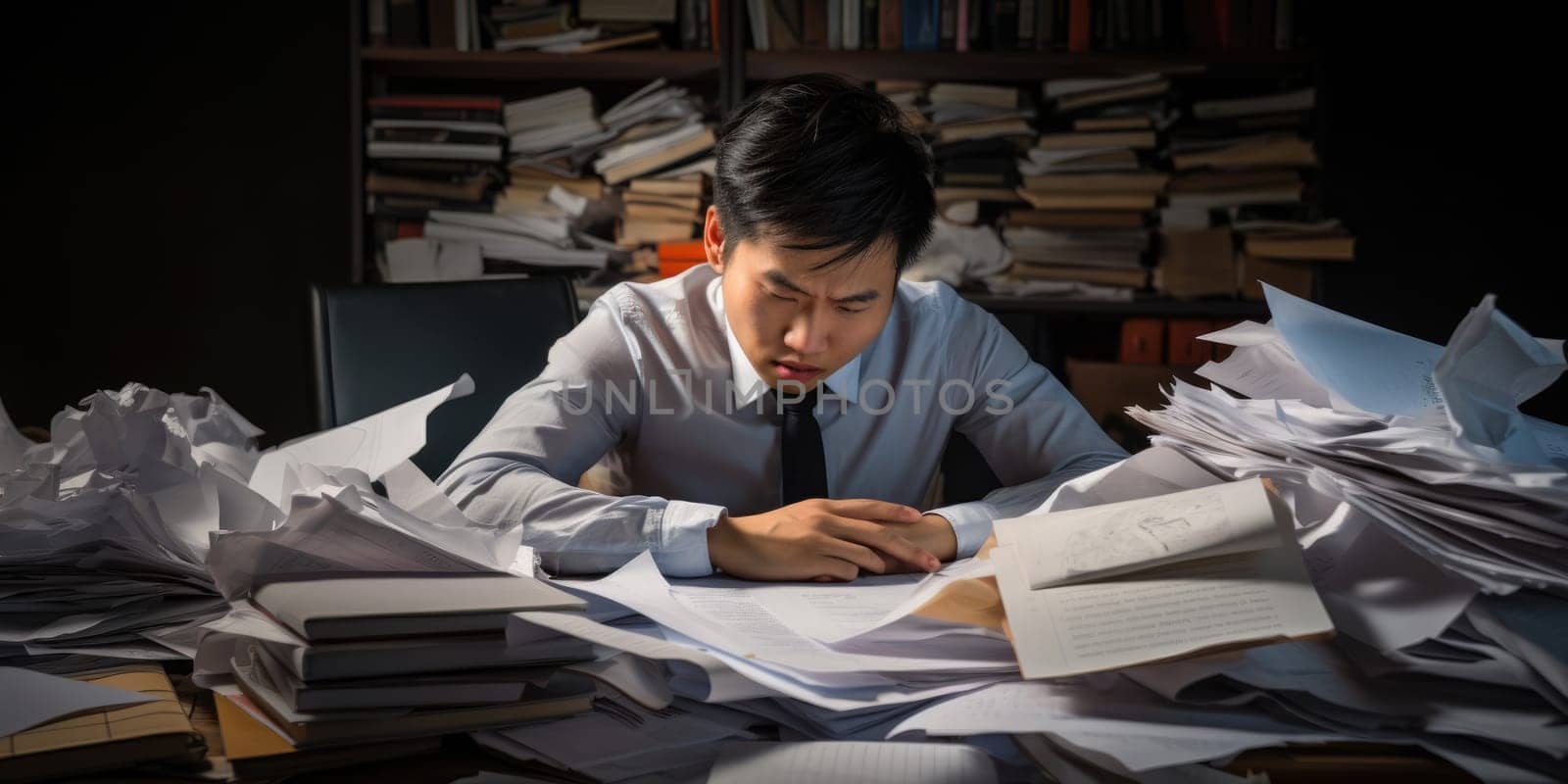 Stressed and exhausted office worker with pile of document on desk without comeliness