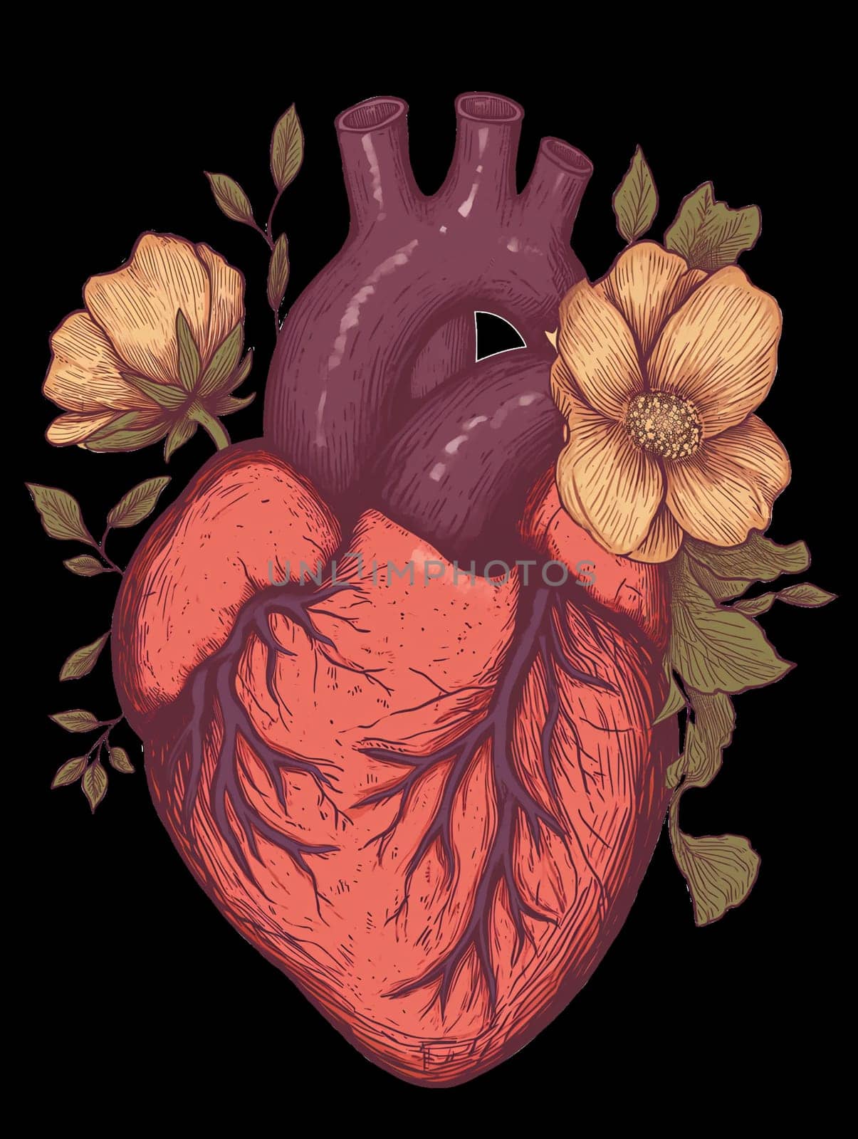 Hand Drawn Illustration of Flower Blooming Heart. Valentine's Day T-shirt and Print Template, Png on Transparent Background.