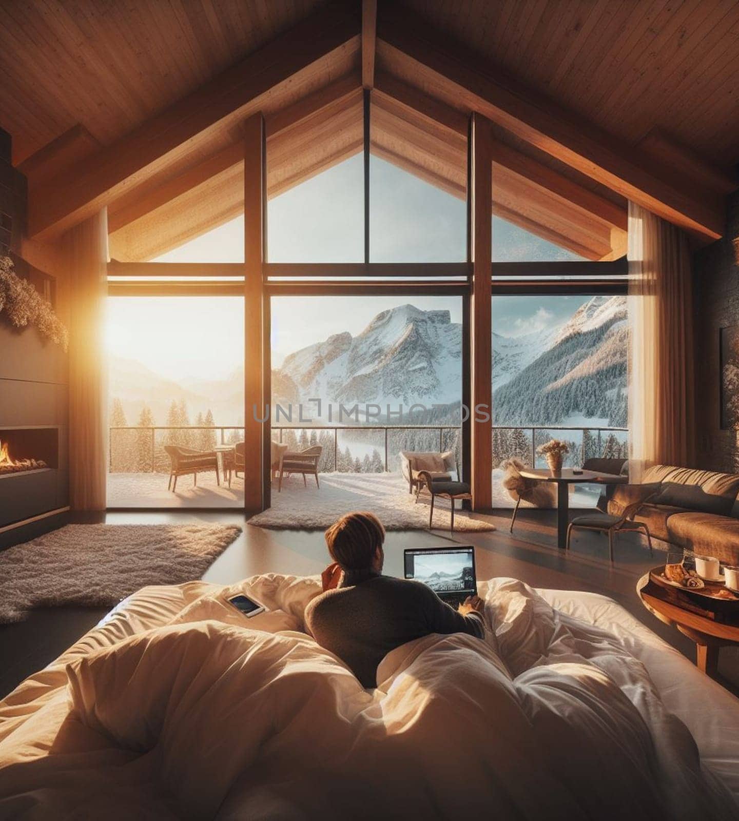 digital influencer nomad comfortable trade remote work laptop luxury cabin wintertime mountain view generative ai art