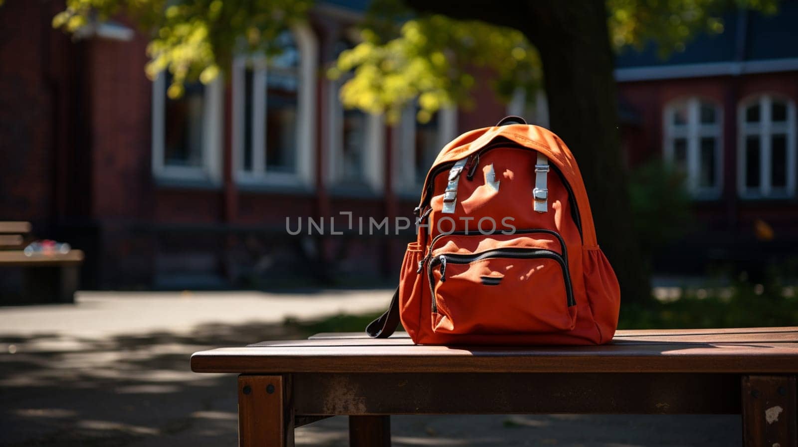 Backpack with school supplies on wooden table High Dynamic Range tone by Andelov13