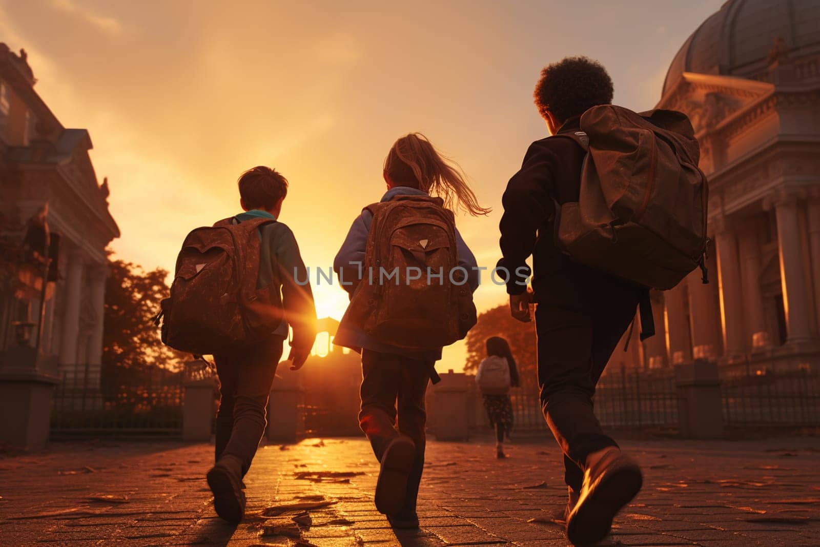 Group of kids in school uniform posing to the camera outdoors together near education building. by Andelov13