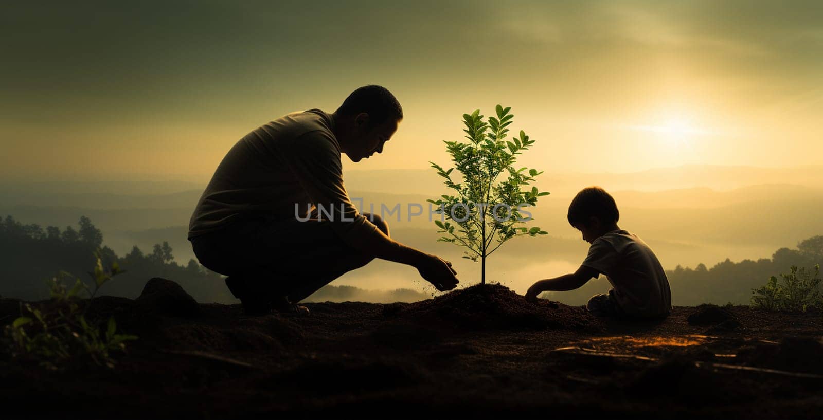 fresh sapling tree sunset, young roots, soil earth, plant garden, silhouette happiness family father child, dad daughter walking together park, plant trees spring, save planet, farmer. High quality photo