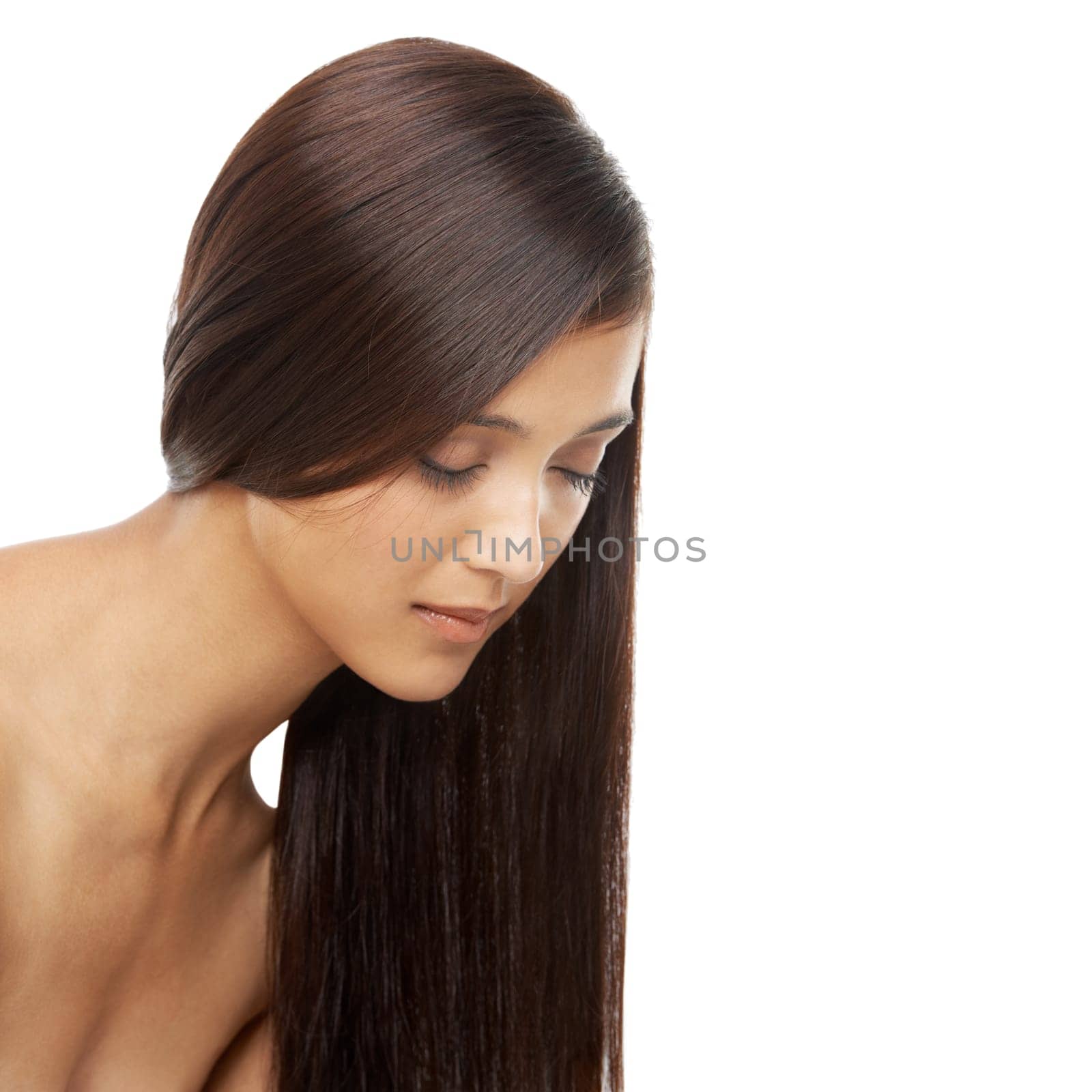 Hair care, woman and face or relax in studio with keratin treatment, soft texture and shampoo shine on mockup. Model, person and beauty with hairstyle ideas, cosmetics and glow on white background.