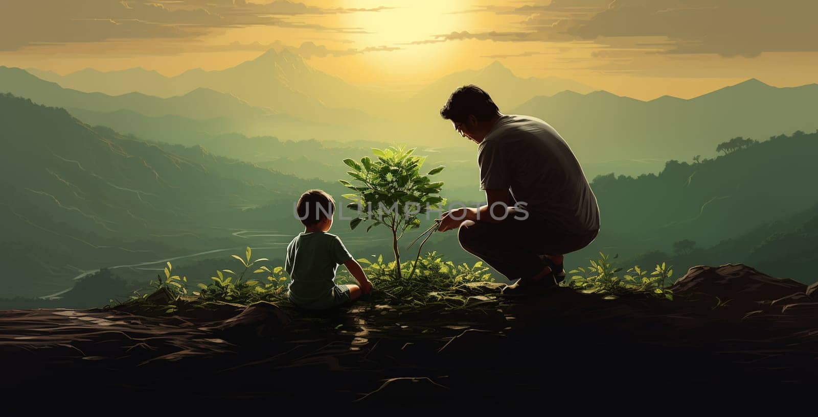 Silhouette of father and son. Little boy, father, playing, on the wood. High quality photo