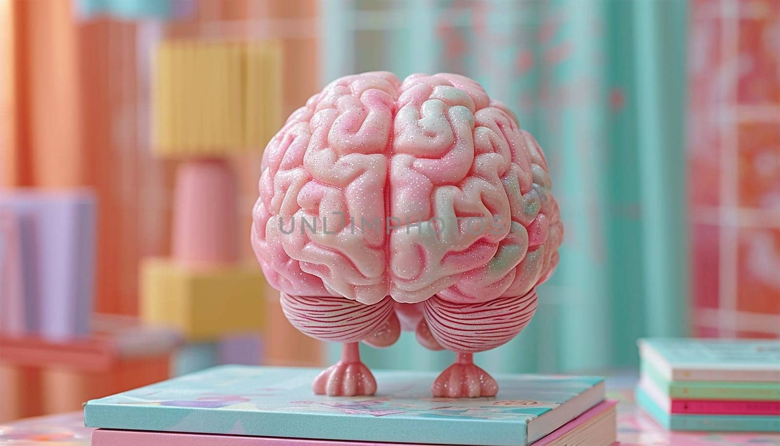 Cute animation smart cartoon brain standing on pile of books. Reading a book. pastel colors 3D. Education,brainstorming and learning concept pink