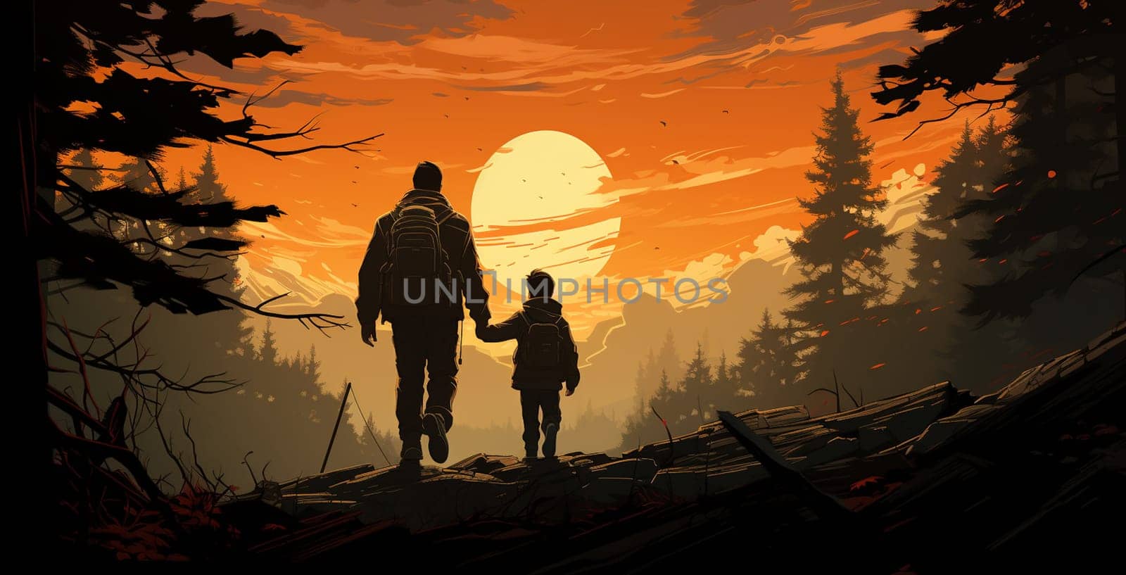 Silhouette of father and son. Little boy, father, playing, on the wood. High quality photo
