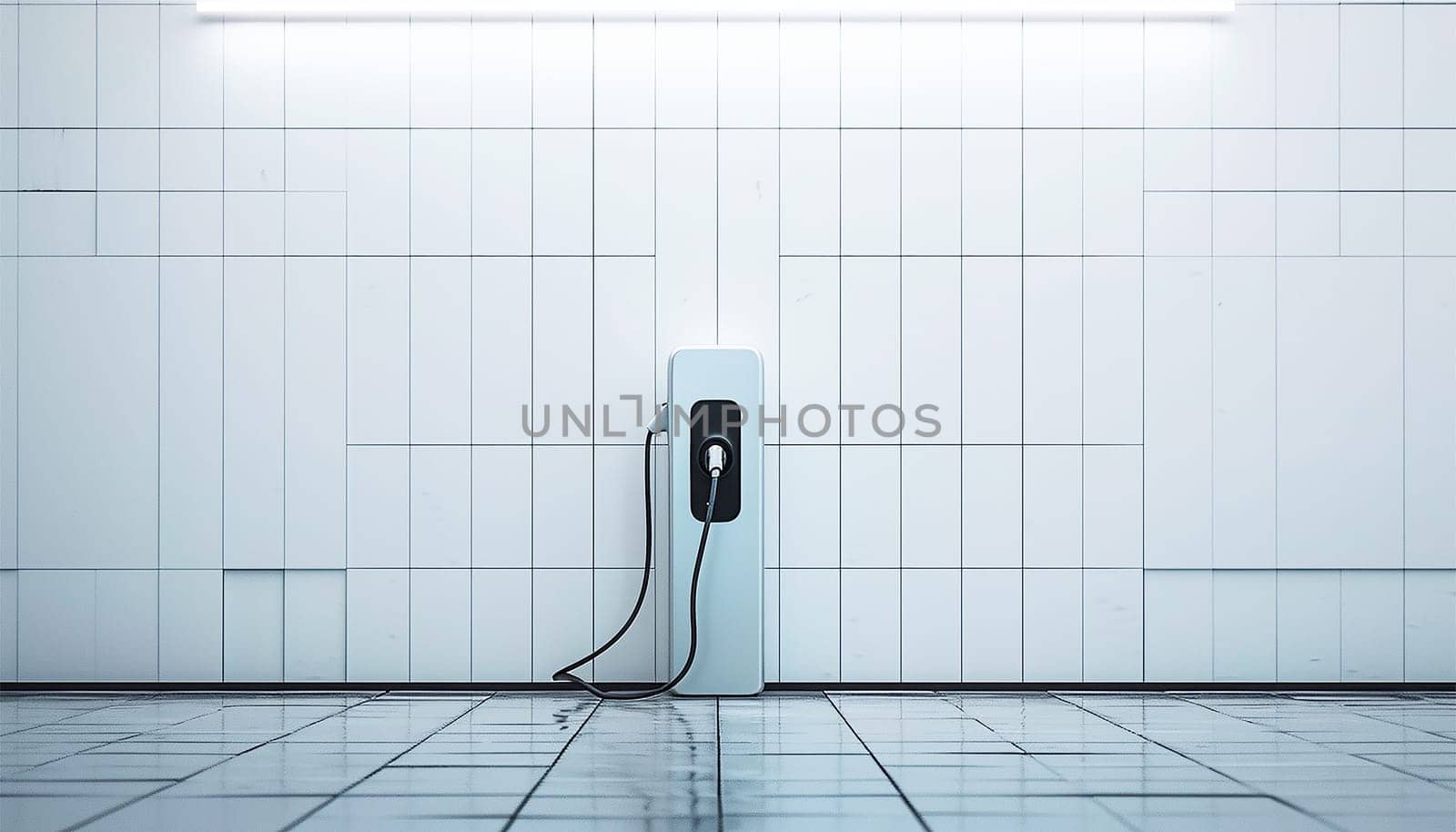 Electric car charging station on white background. Fast electric car charger green energy environment friendly driving vehicle station. Modern transport fuel of future. Minimal design power unit Copy space by Annebel146