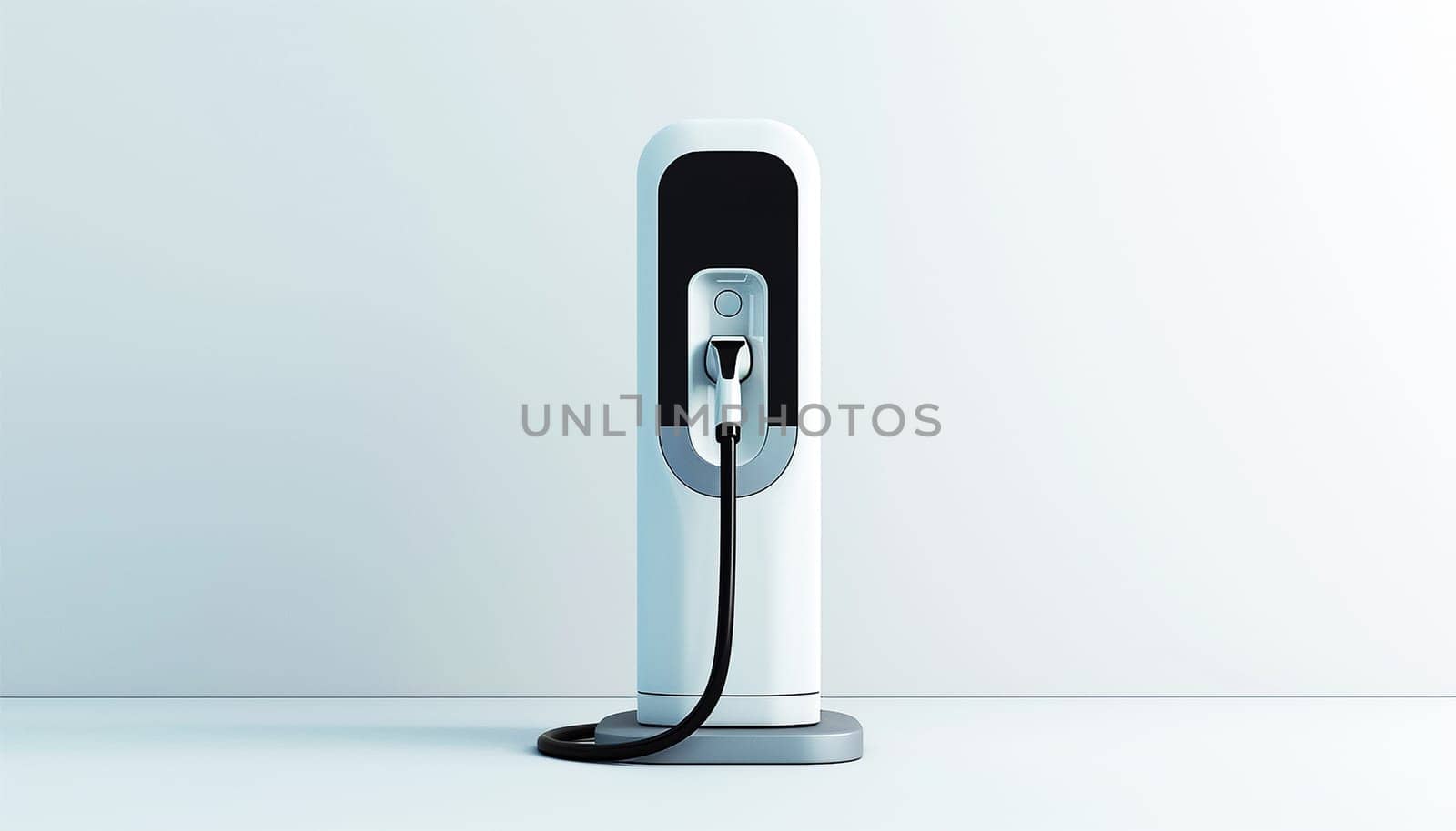 Electric car charging station on white background. Fast electric car charger green energy environment friendly driving vehicle station. Modern transport fuel of future. Minimal design power unit Copy space by Annebel146