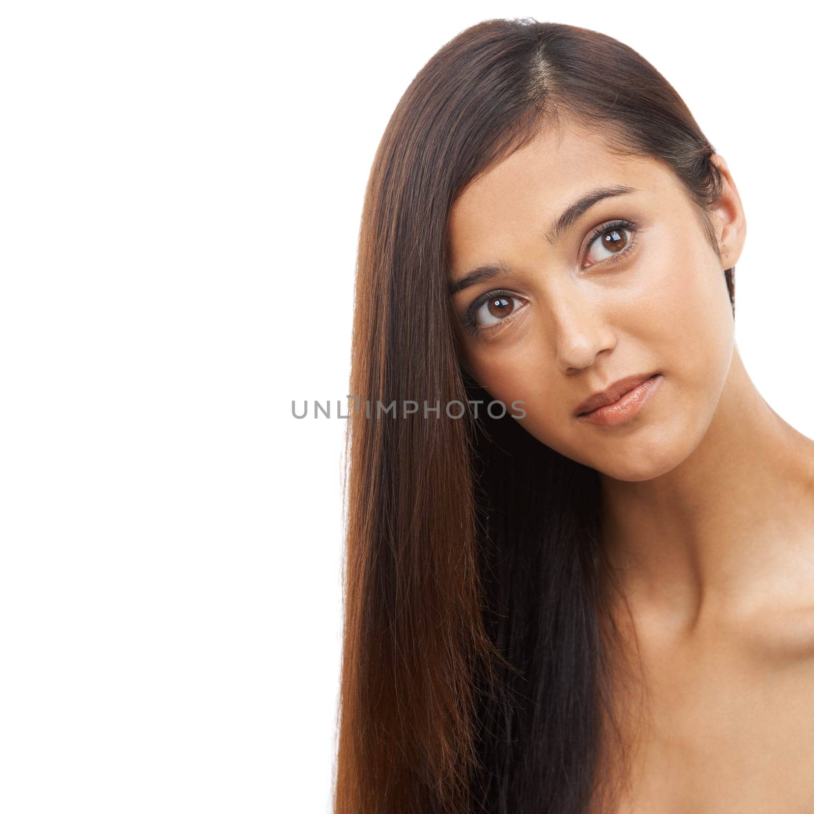 Hair care, woman and face or thinking in studio with keratin treatment, soft texture and shampoo shine on mockup. Model, person and beauty with hairstyle ideas, cosmetics and glow on white background by YuriArcurs