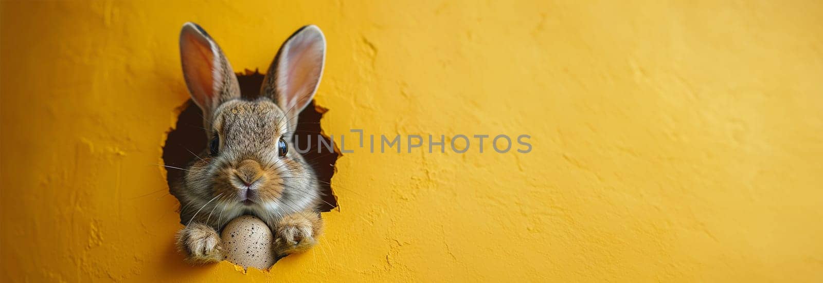 Cartoon cute bunny looking out of a cut hole bright yellow background. illustration. Spring holiday and Easter background. Copy space Happy Easter funny