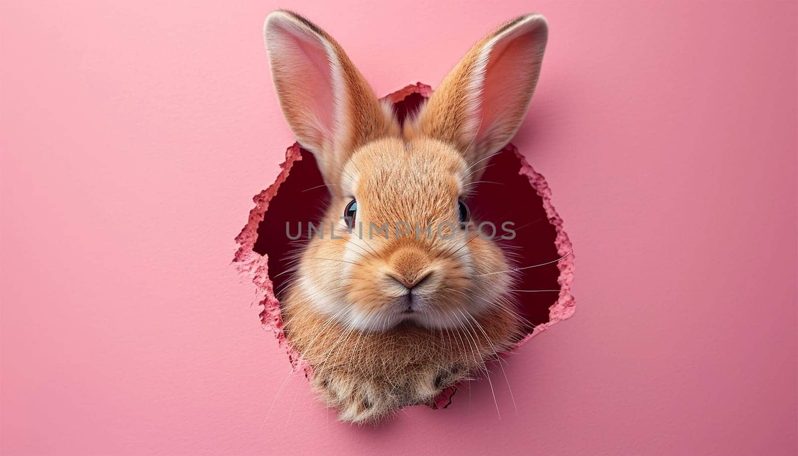 Cartoon cute bunny looking out of a cut hole bright pink background. illustration. Spring holiday and Easter background. Copy space Happy Easter funny