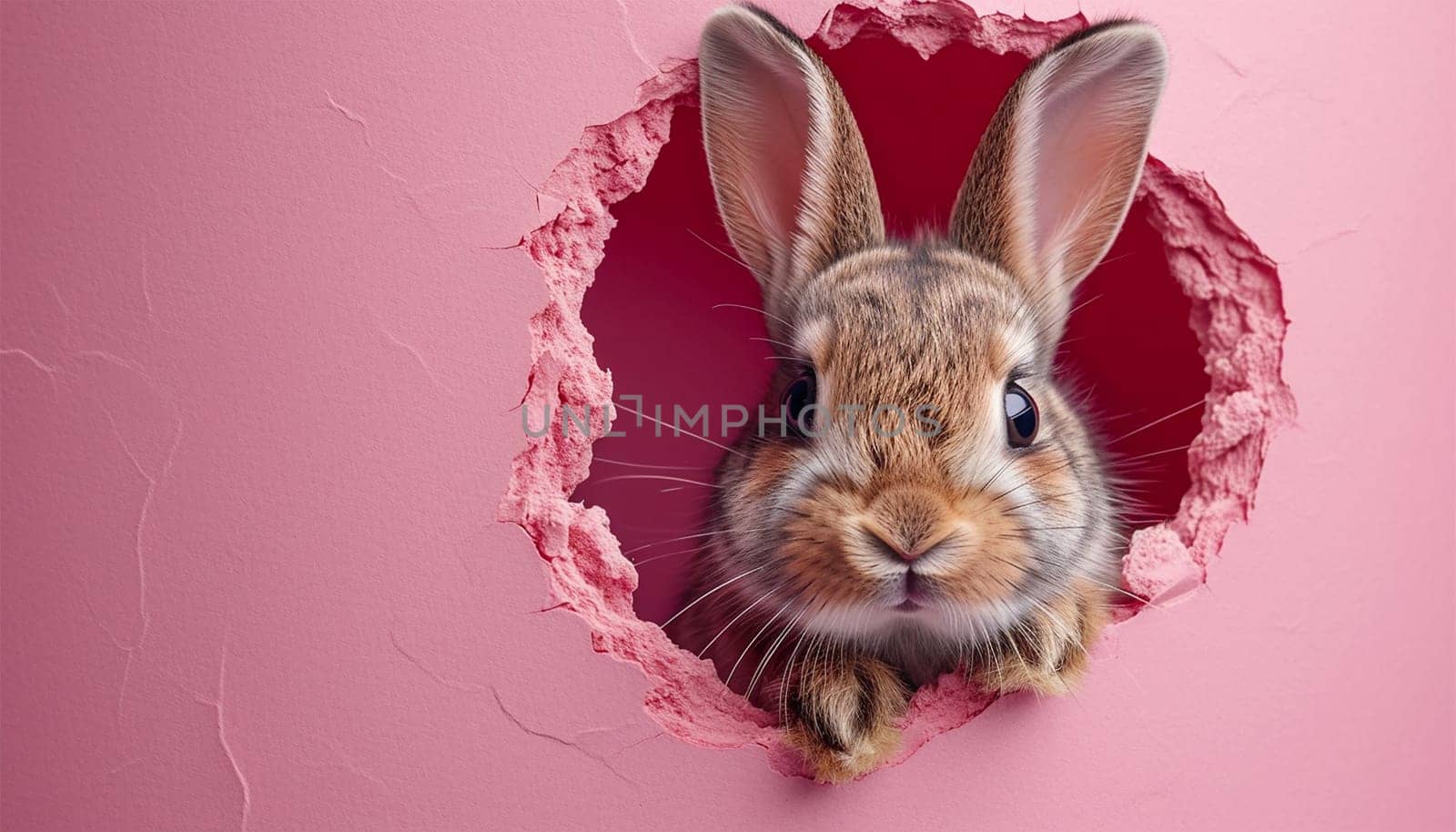 Cartoon cute bunny looking out of a cut hole bright pink background. illustration. Spring holiday and Easter background. Copy space Happy Easter by Annebel146