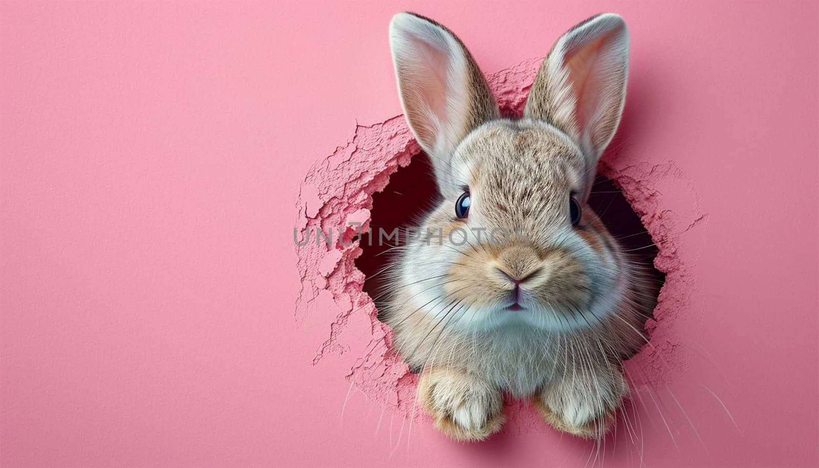 Cartoon cute bunny looking out of a cut hole bright pink background. illustration. Spring holiday and Easter background. Copy space Happy Easter by Annebel146