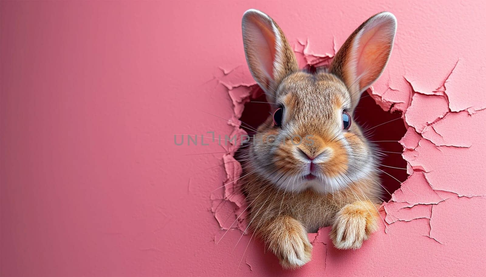 Cartoon cute bunny looking out of a cut hole bright pink background. illustration. Spring holiday and Easter background. Copy space Happy Easter funny