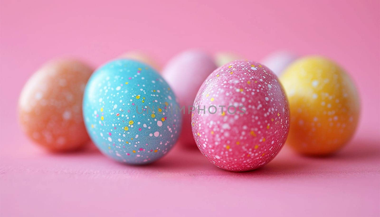 Pastel Easter eggs background. Light colors. Happy Easter banner, poster, greeting card. Trendy Easter design, flowers, eggs, in pastel pink blue colors. Modern minimal style Copy space. Happy Easter spring holiday by Annebel146