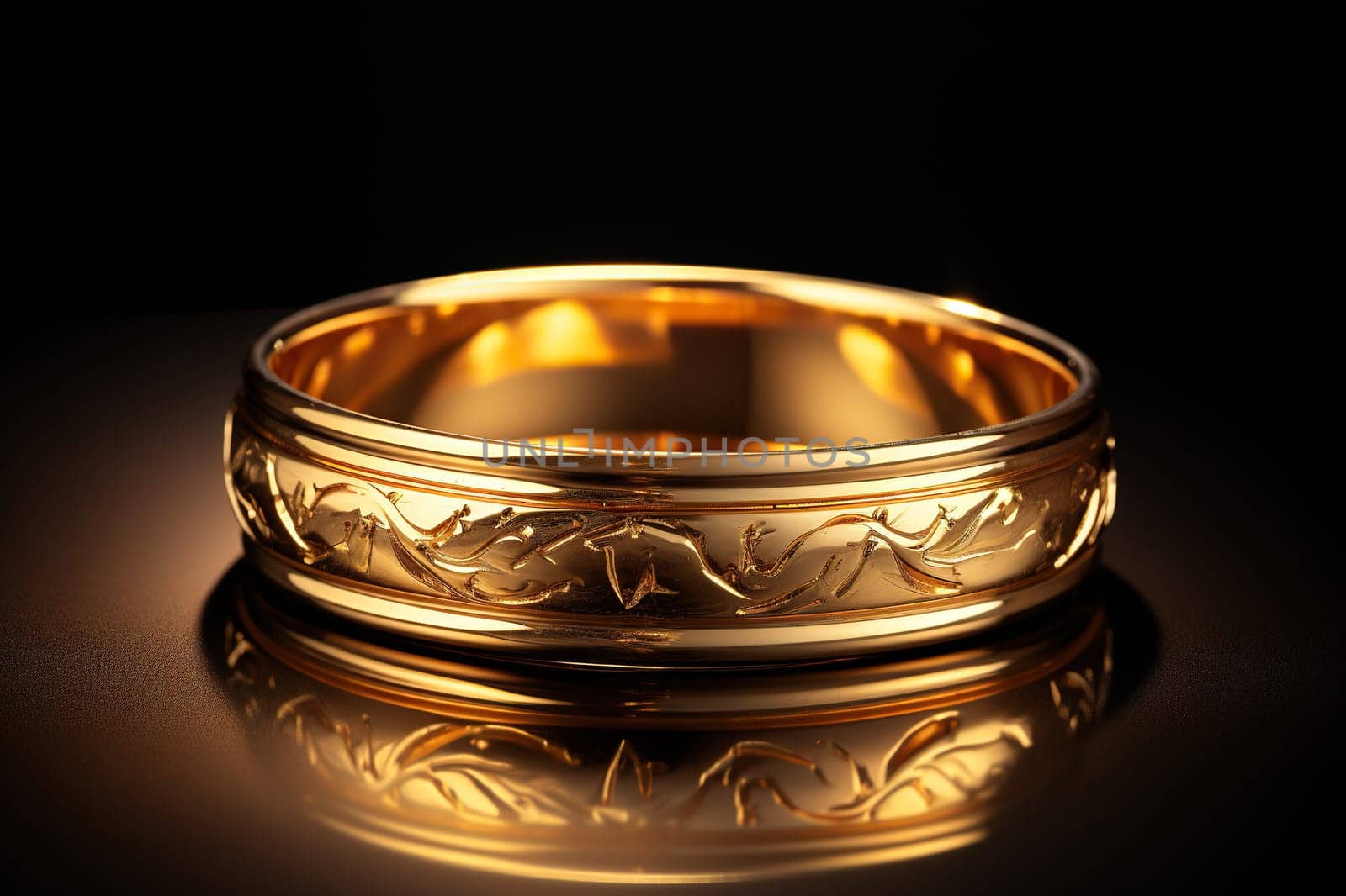 Gold ring with precious stones on a dark background.