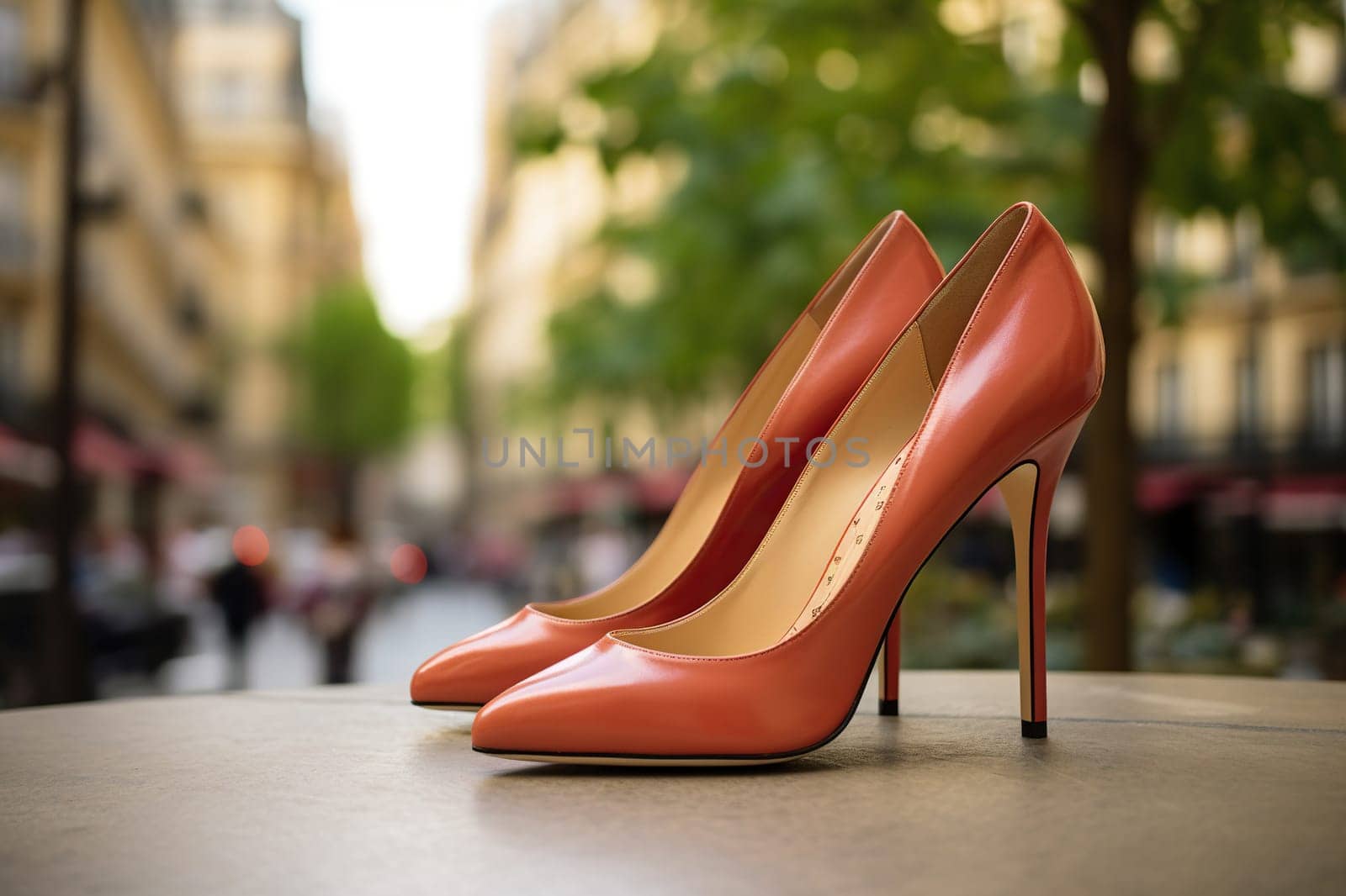 Elegant red women's high-heeled shoe against a city bokeh background. Generated by artificial intelligence by Vovmar