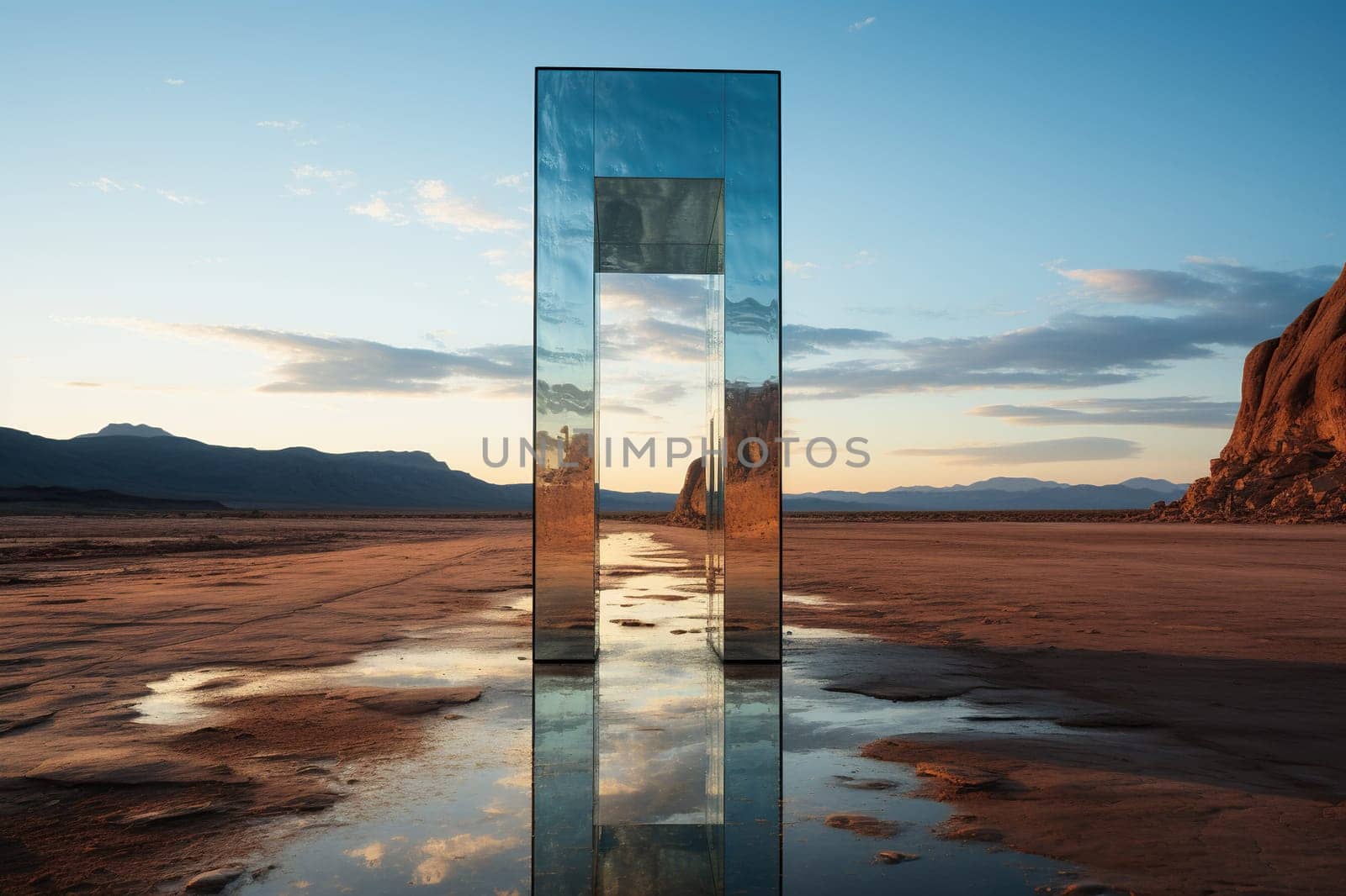 Large mirror in the desert with reflection.