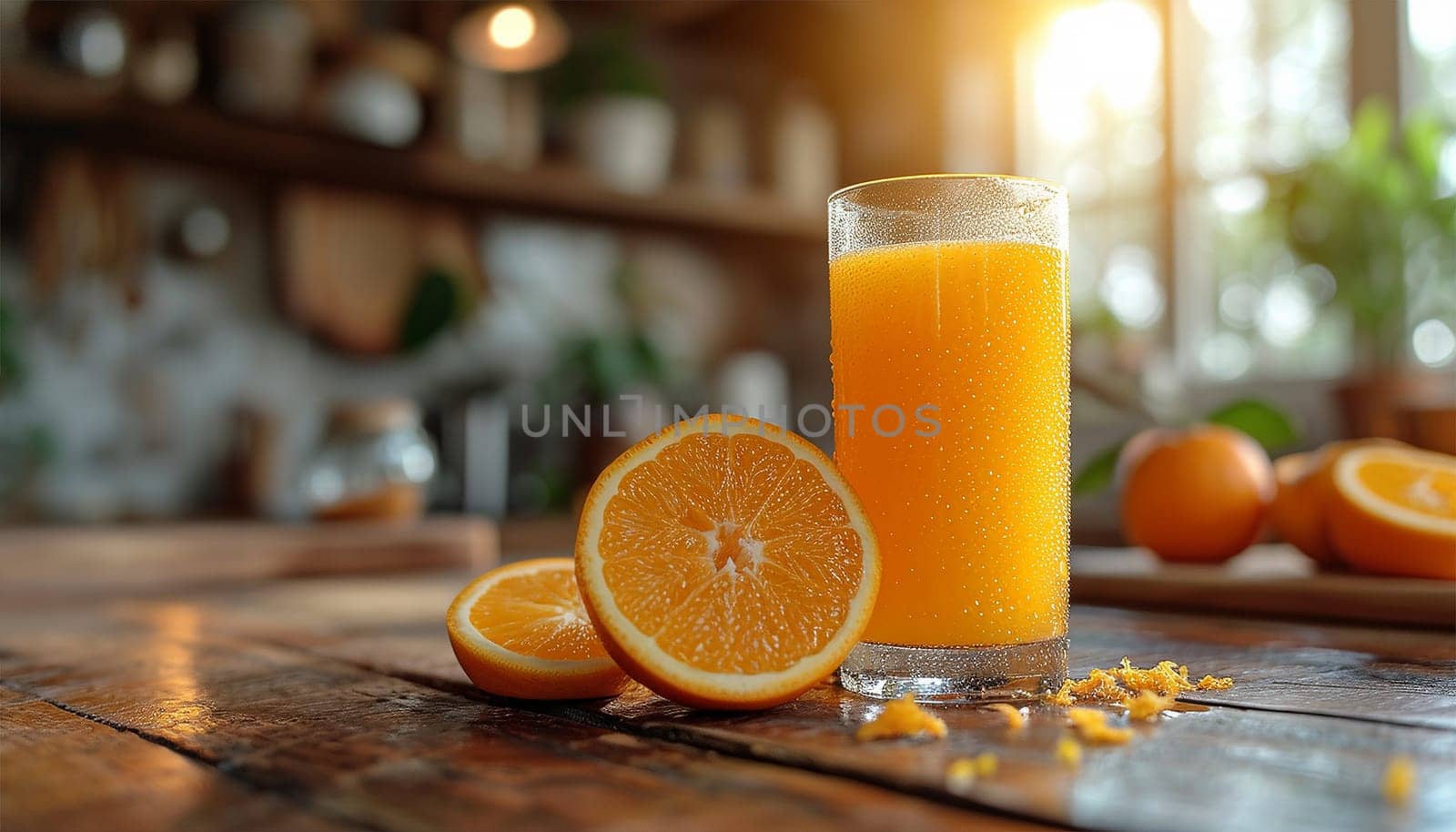 glass of fresh orange juice with fresh fruits on wooden table in the kitchen. Bio orange juice and a glass of fresh squeezed orange juice copy space Space for text