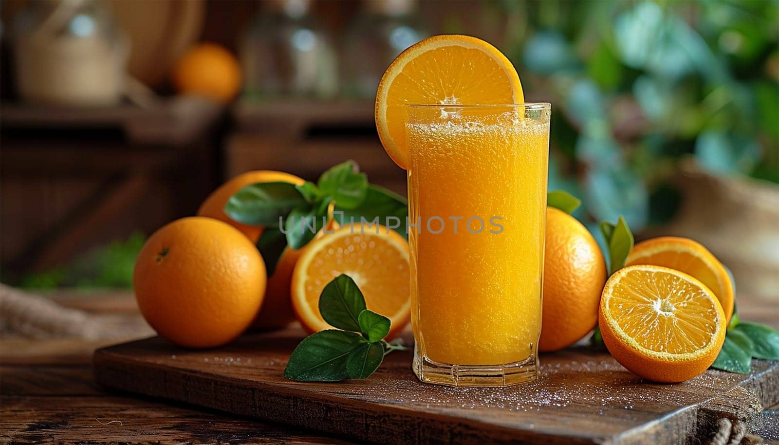 glass of fresh orange juice with fresh fruits on wooden table in the kitchen. Bio orange juice and a glass of fresh squeezed orange juice copy space Space for text