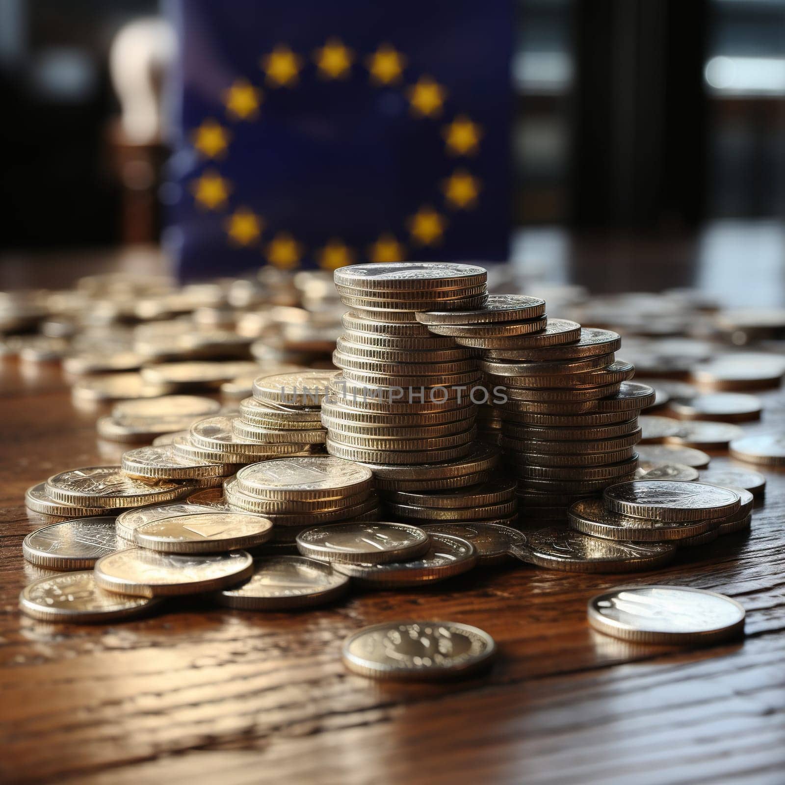 Stacks of coins on a wooden surface against the background of a blurred EU flag.