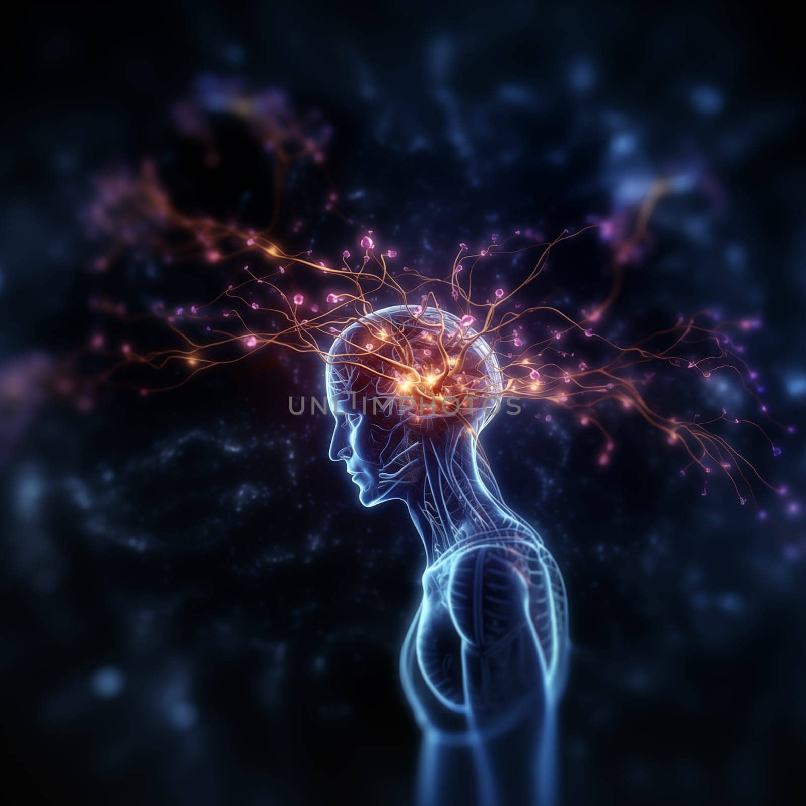 Human and brain with neuron signals, flying dna. High quality photo, futuristic scene. Can used for abstract medical background.