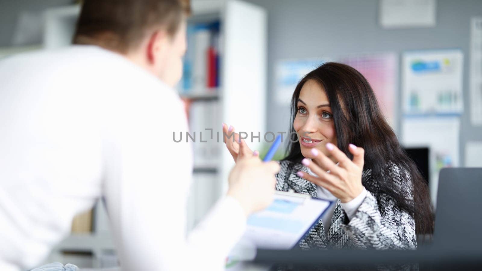 Woman in office helps man to come right decision. Emotional background communication at work, psychological climate in team. Way out this situation. People situation acute stress at work