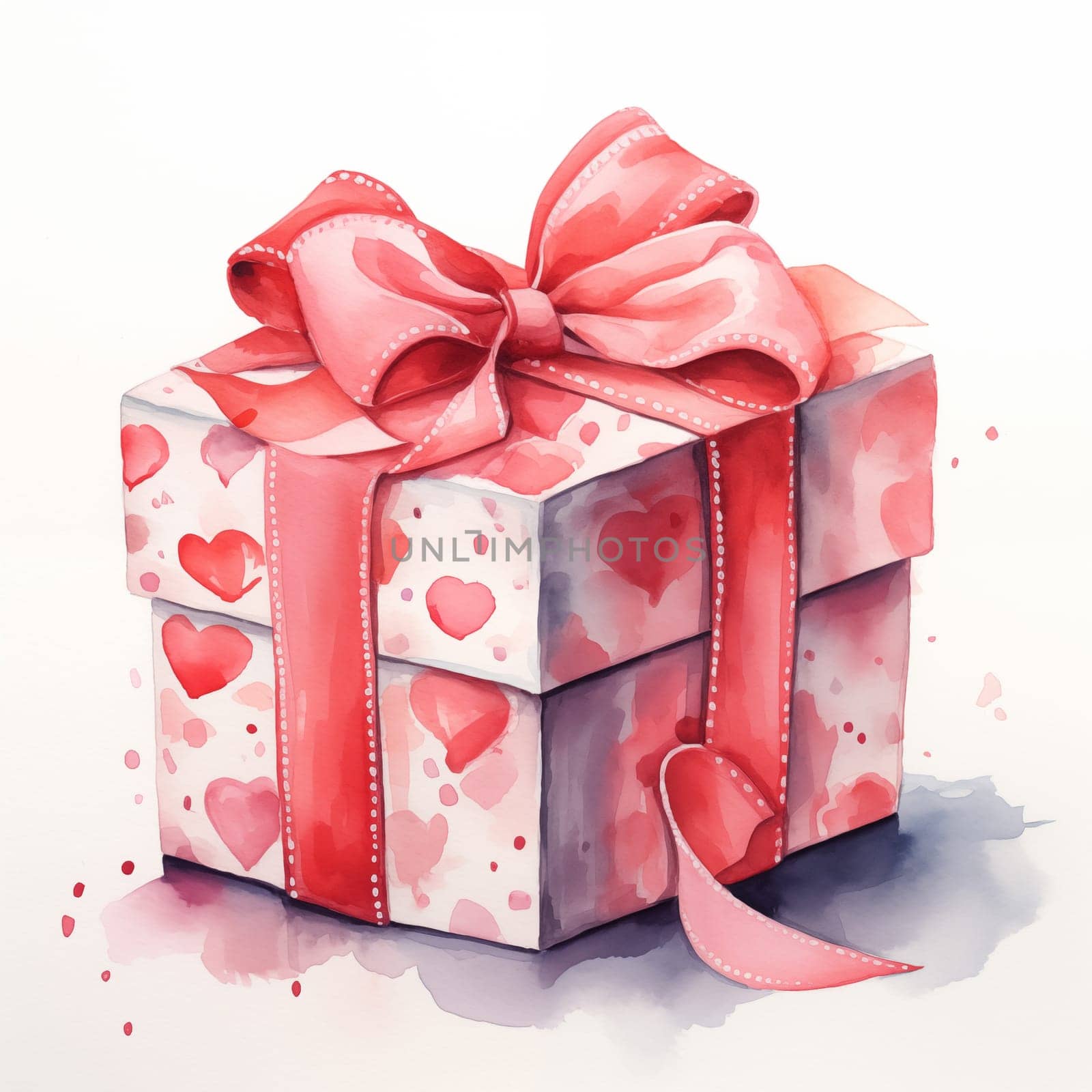 Watercolor gift box with red bow isolated. Can used for Valentines Day.