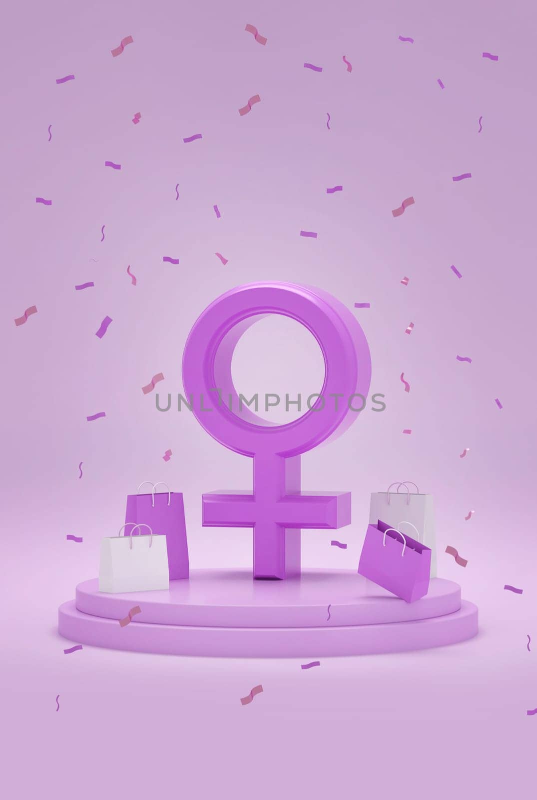 3D illustration of gift shopping. Female gender symbol with gift bags on podium with neon. 3D rendering.
