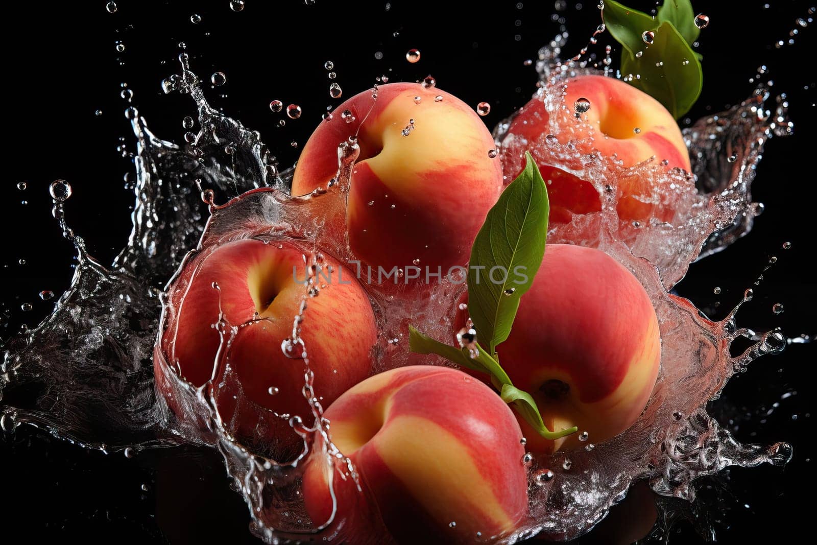 Nectarine in water with bubbles on black background, water splashes from fruit falling into water, close-up of nectarine in water.