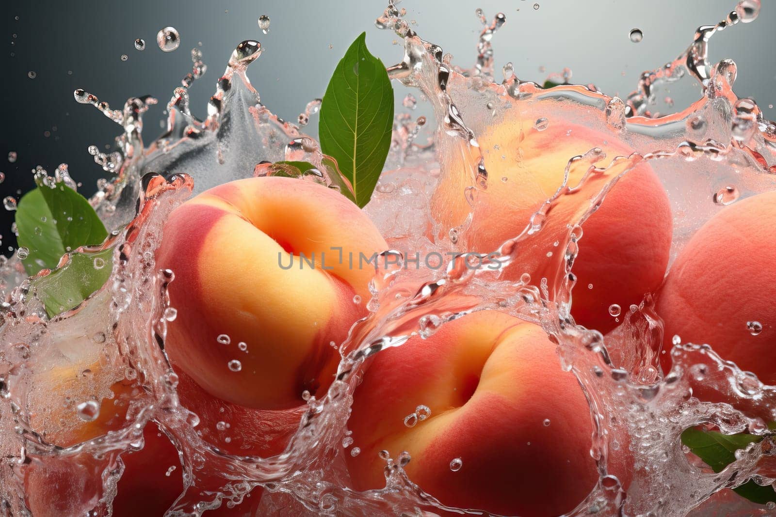 Water splashes from falling peaches, water bubbles and splashes and fresh peach with leaves close-up.
