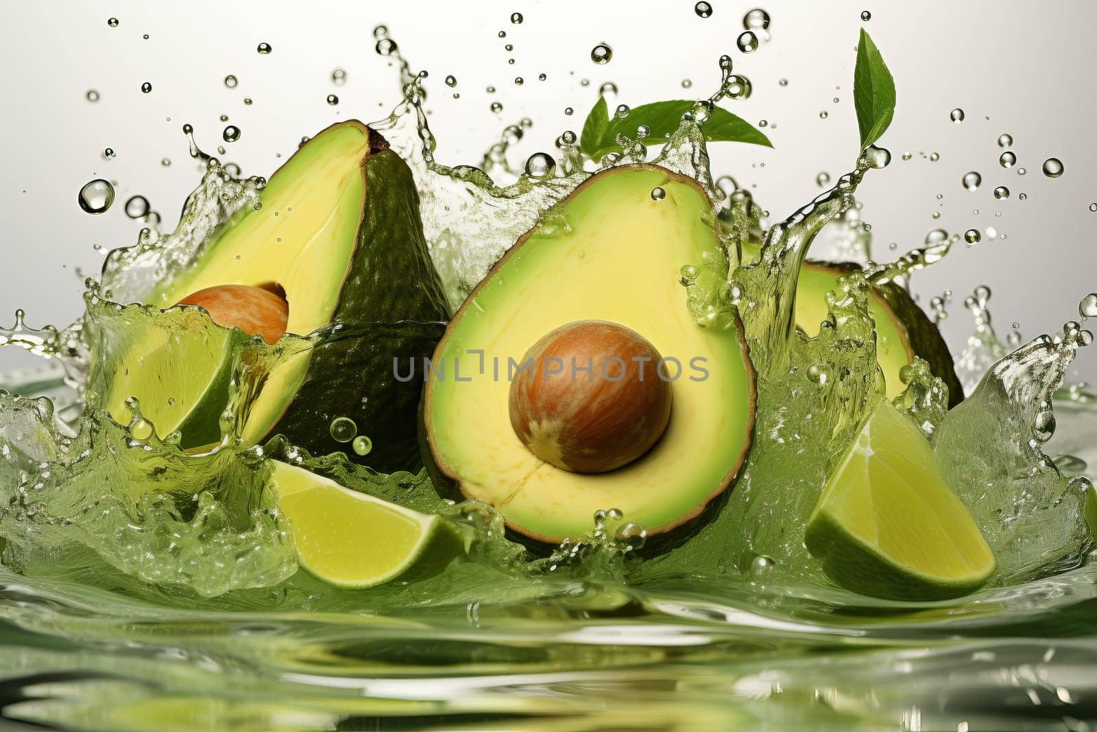 Avocado falling into water, splash of water from avocado, cut avocado in half. by Niko_Cingaryuk