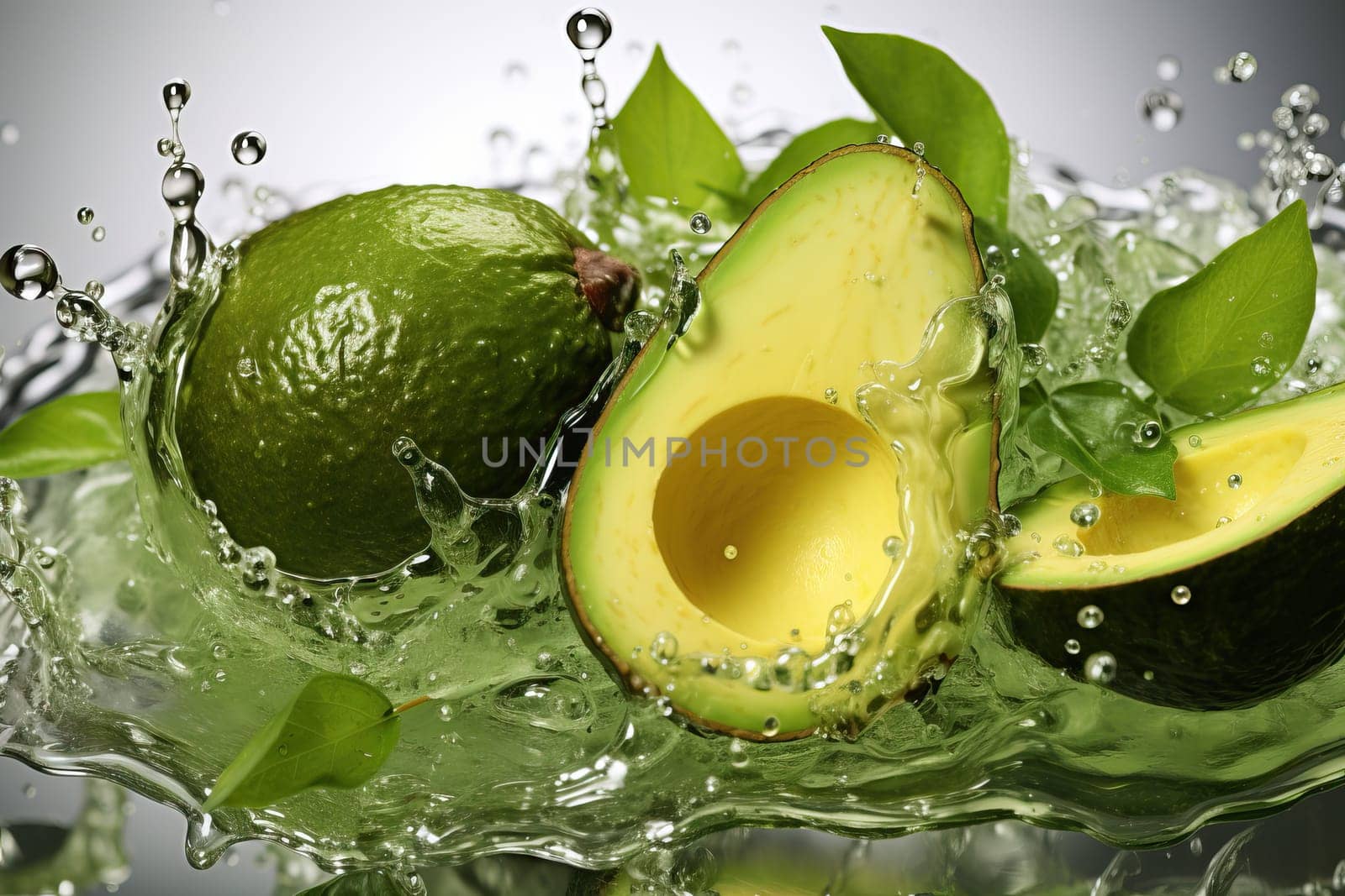 Avocado falling into water, splashes of water from avocado, cut avocado in half, avocado is a healthy fruit.