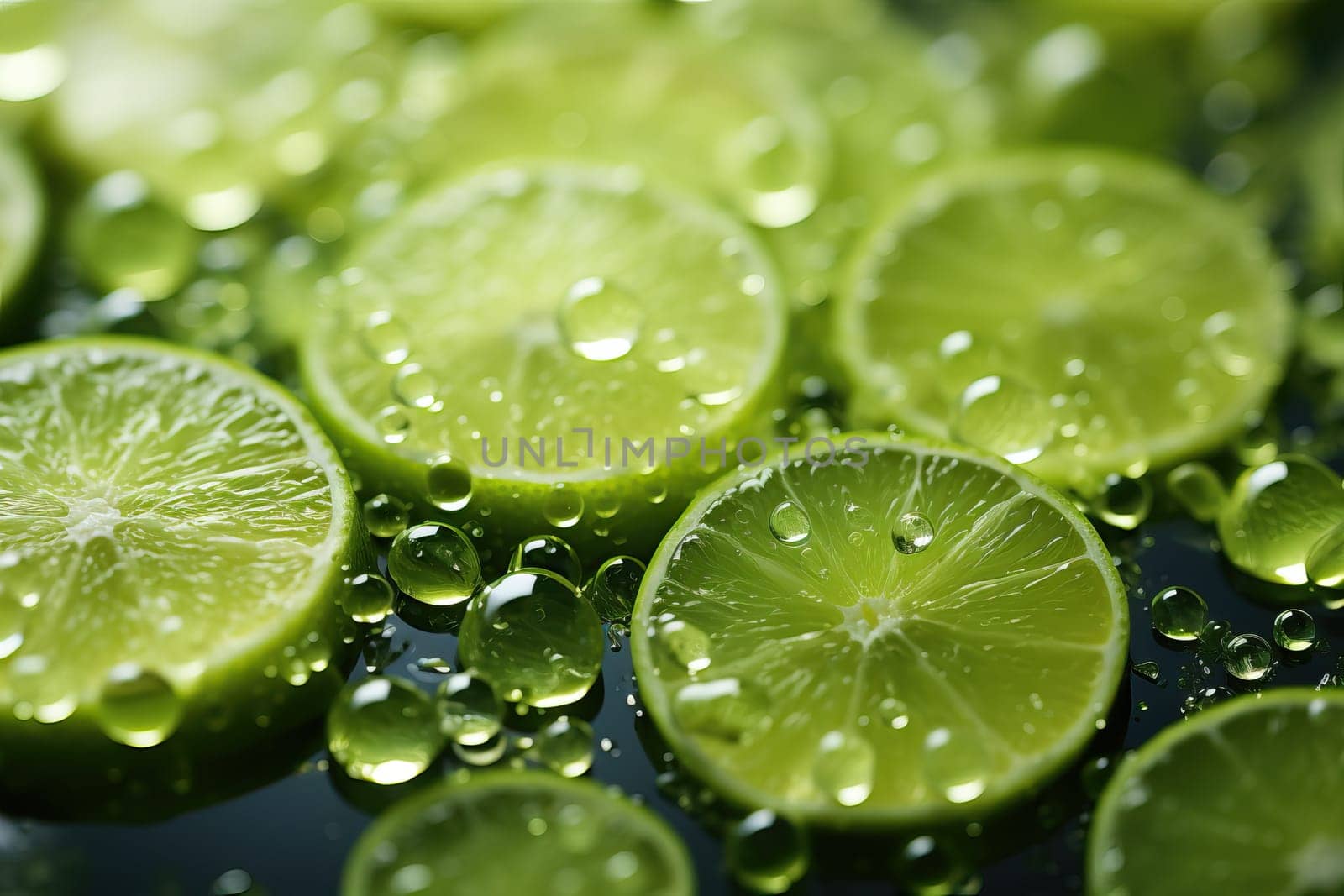 Sliced lime with water drops close-up, lime texture.