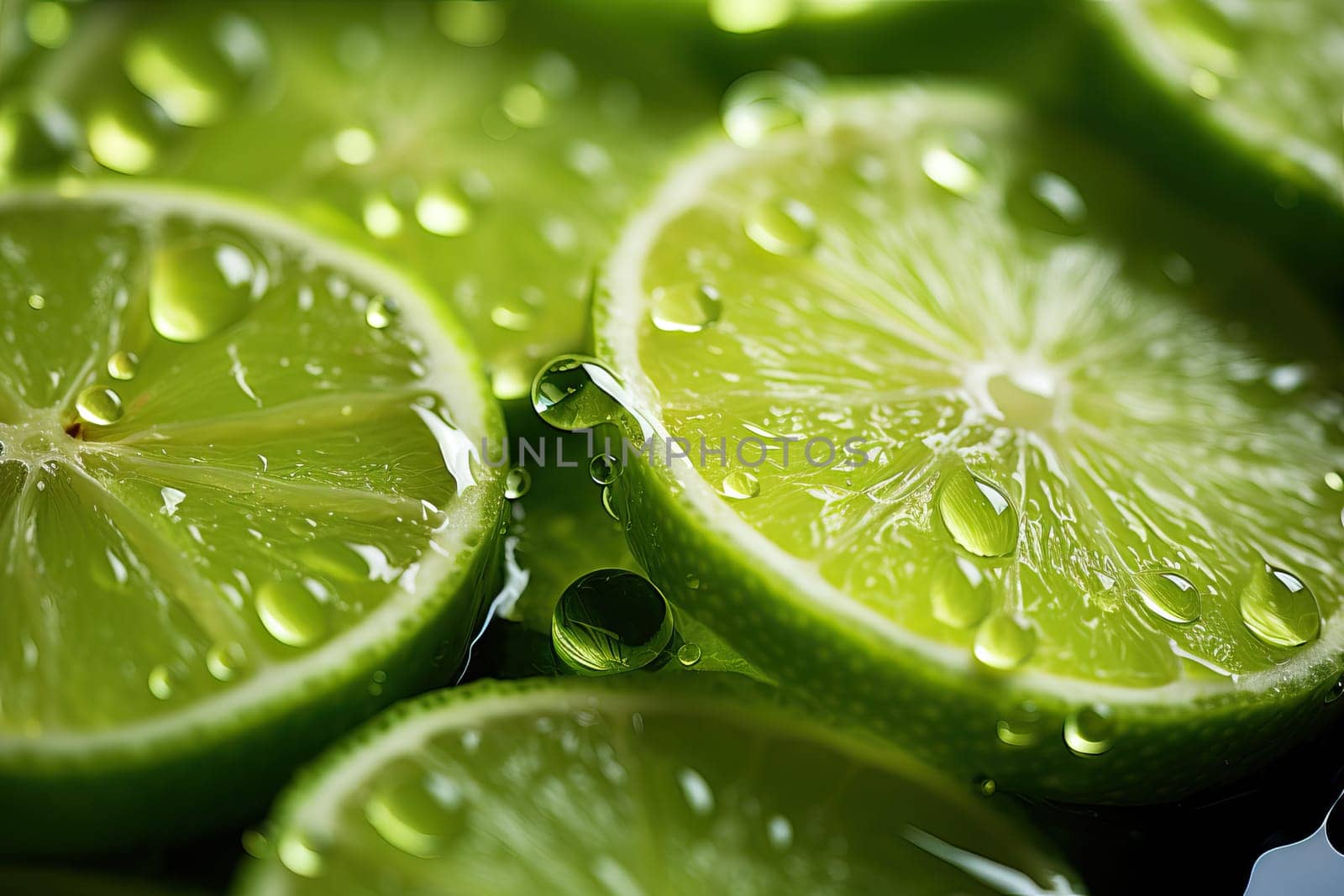 Sliced lime with water drops close-up, lime texture.