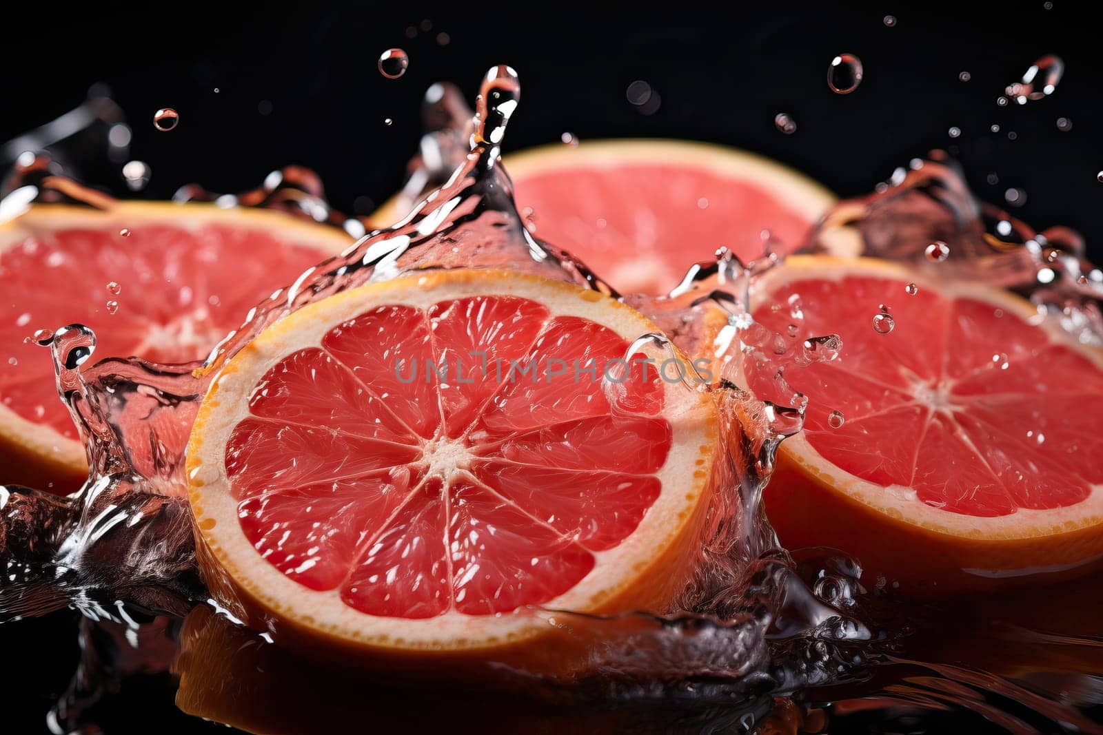 Slices of grapefruit in water with bubbles, splash of water and grapefruit.