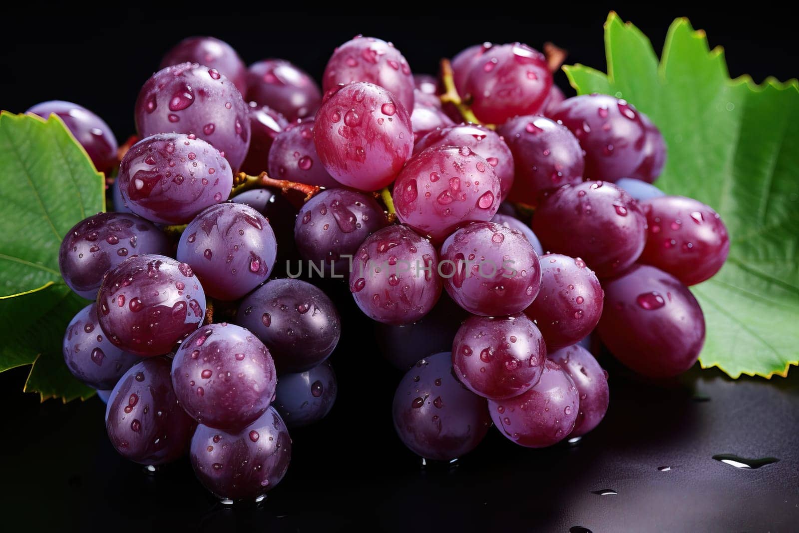 top view of red grapes isolated on black background, fruit from which wine is made.