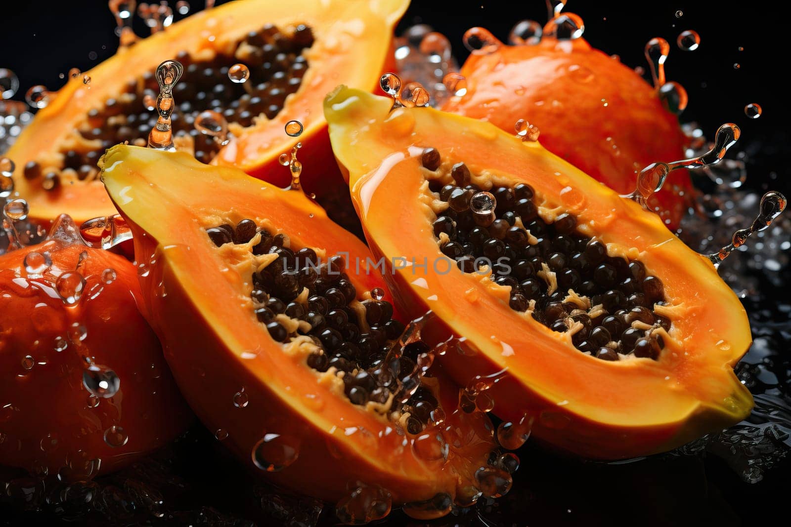 Papaya cut in half close-up with splash of water close-up, splash of water and papaya.