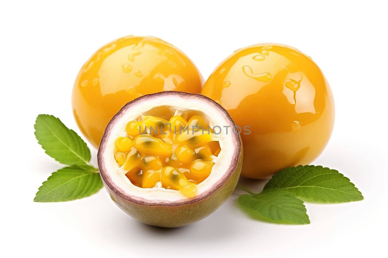 Passion fruit closeup isolated on white background, yellow whole passion fruit with one cut in half.