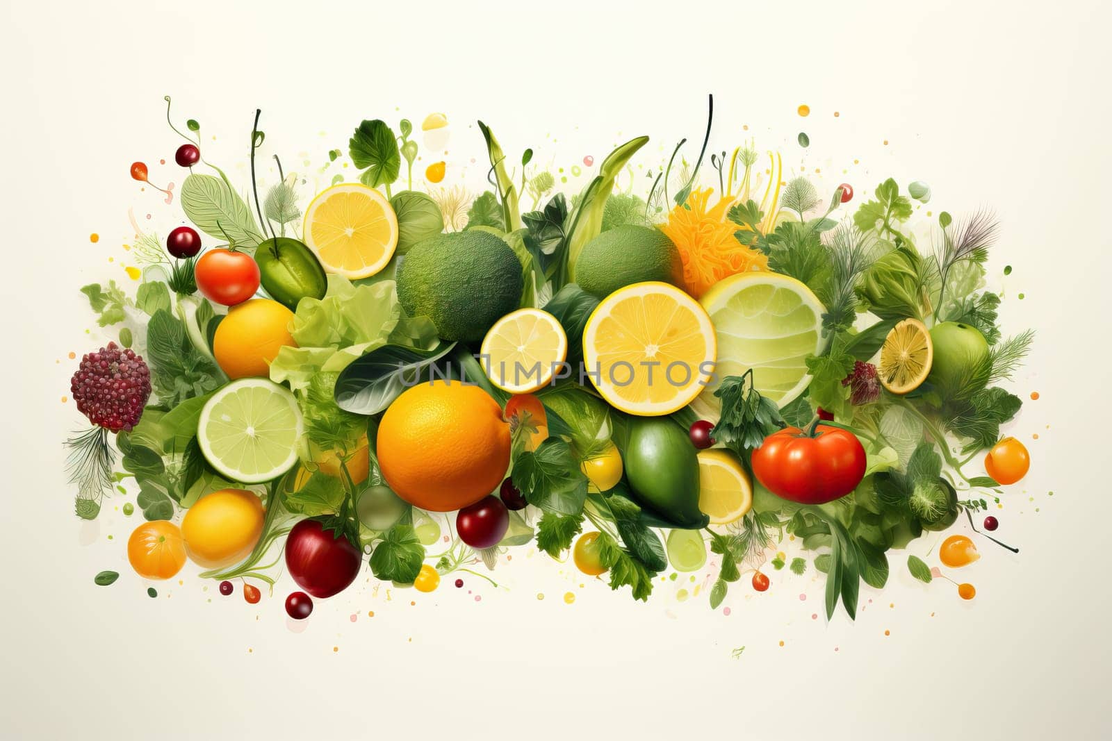 Healthy eating concept of fresh fruits and vegetables, top view of vegetables and fruits on background.