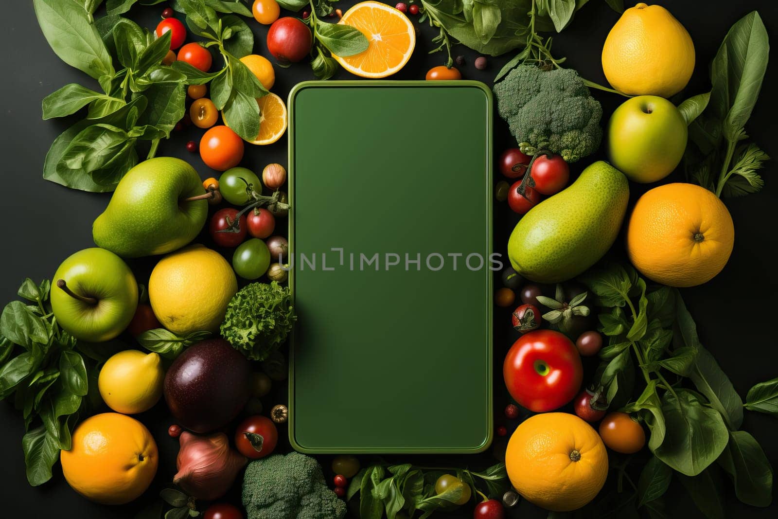 Smartphone with blank screen and fresh food, online food shopping app, fruit diet concept with phone.