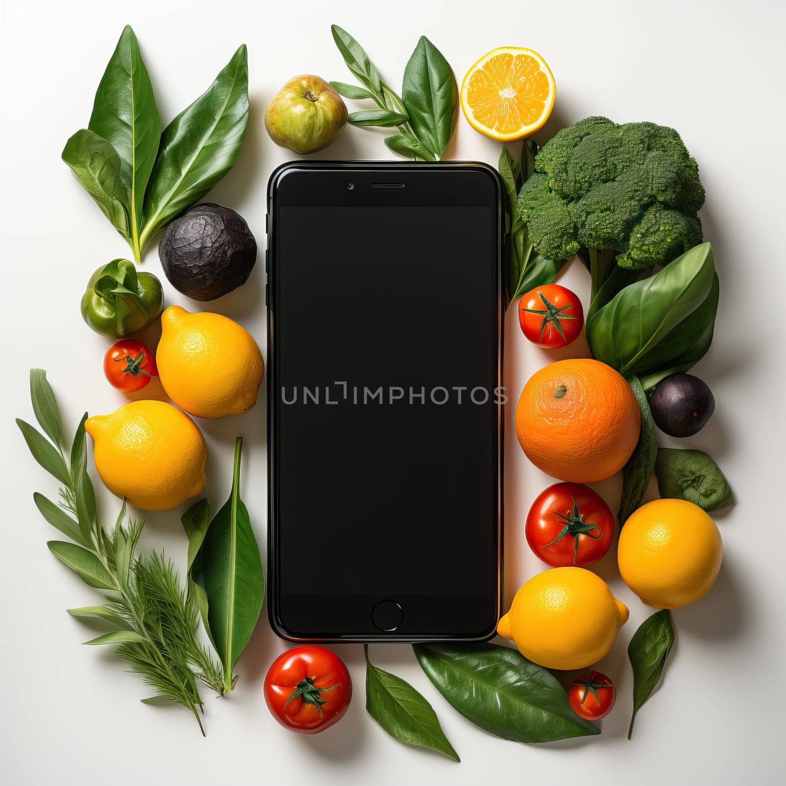 Smartphone with blank screen and fresh food, online food shopping app, fruit diet concept with phone.