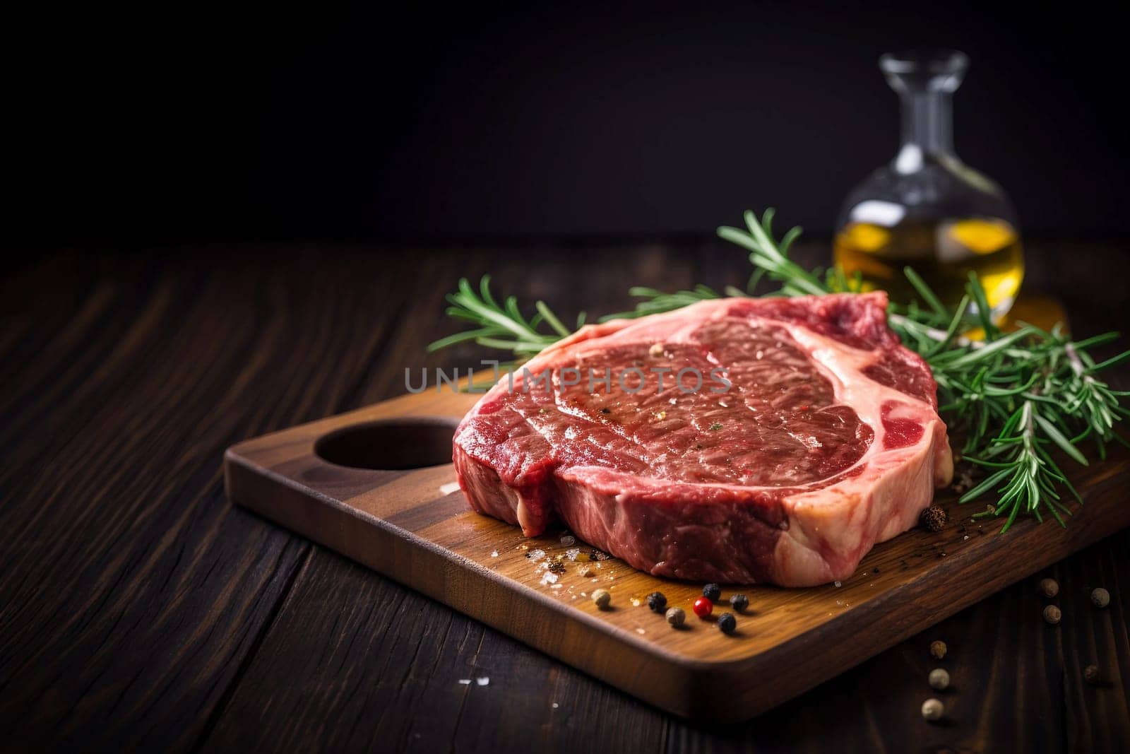 Raw fresh meat ribeye steak, pepper, salt and rosemary on wooden board. Olive oil in the background. Copy space on dark background.