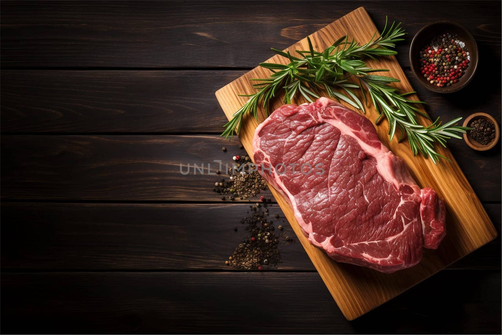 Raw fresh meat ribeye steak, pepper, salt and rosemary on wooden board. Top view.
