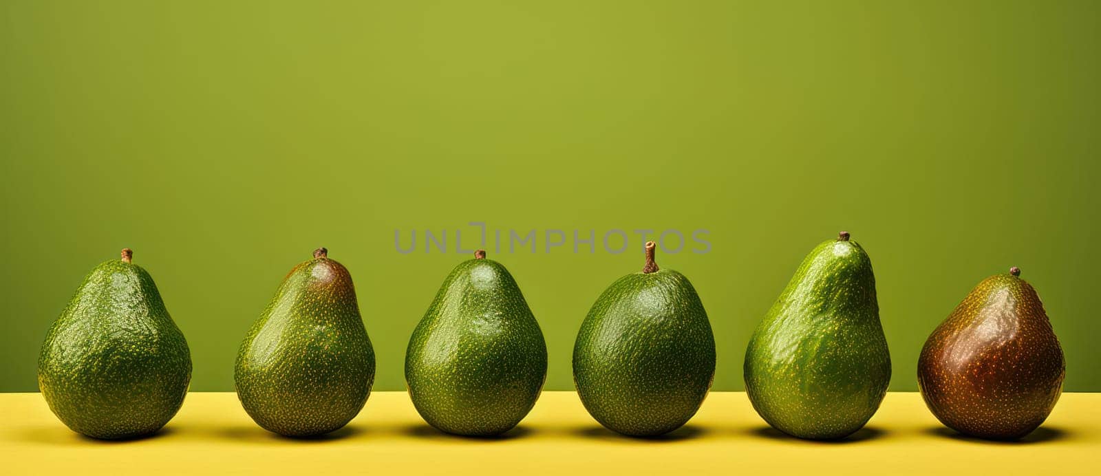 Green, Fresh, and Delicious: Vibrant Avocado Slices on a Minimalist Table with Organic Vegetables and Tropical Fruits Background