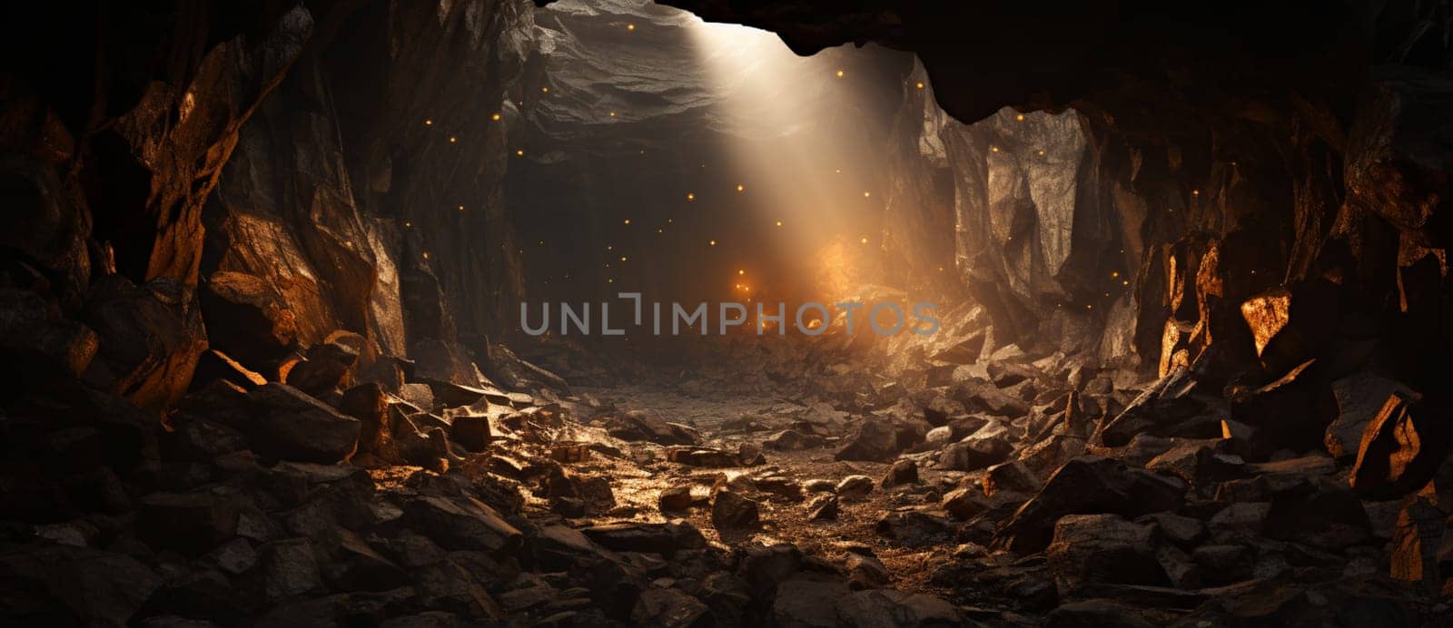 large foggy illuminated underground cave in limestone rock . High quality photo