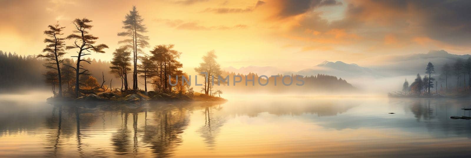 Fall. A foggy morning during dawn. Autumn trees on the river bank. Mountains and forest. Reflections on the surface of the lake. by Andelov13